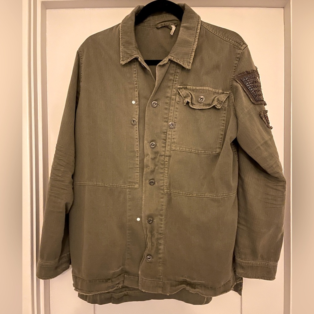 Free People Beaded Embellished Military Jacket Olive